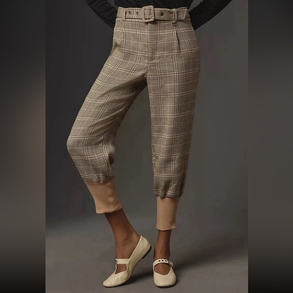 Anthropologie Maeve Boot Tuck Knit Plaid Trouser Pants with Belt size 4 preppy